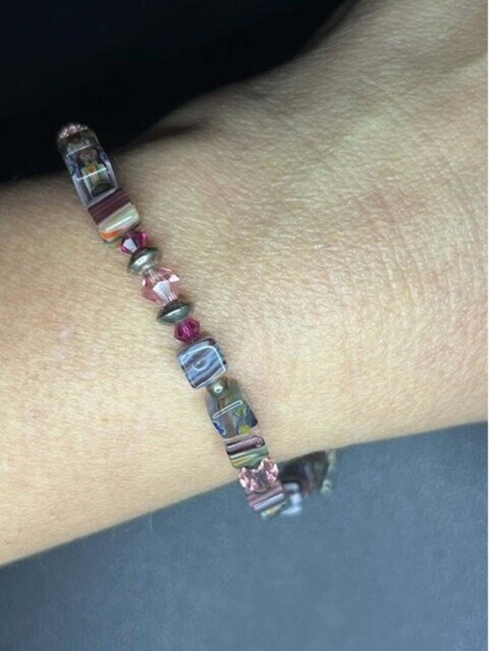 B7369  Millefiori Bead Bracelet Pink Purple Glass Sterling Silver toggle 8"